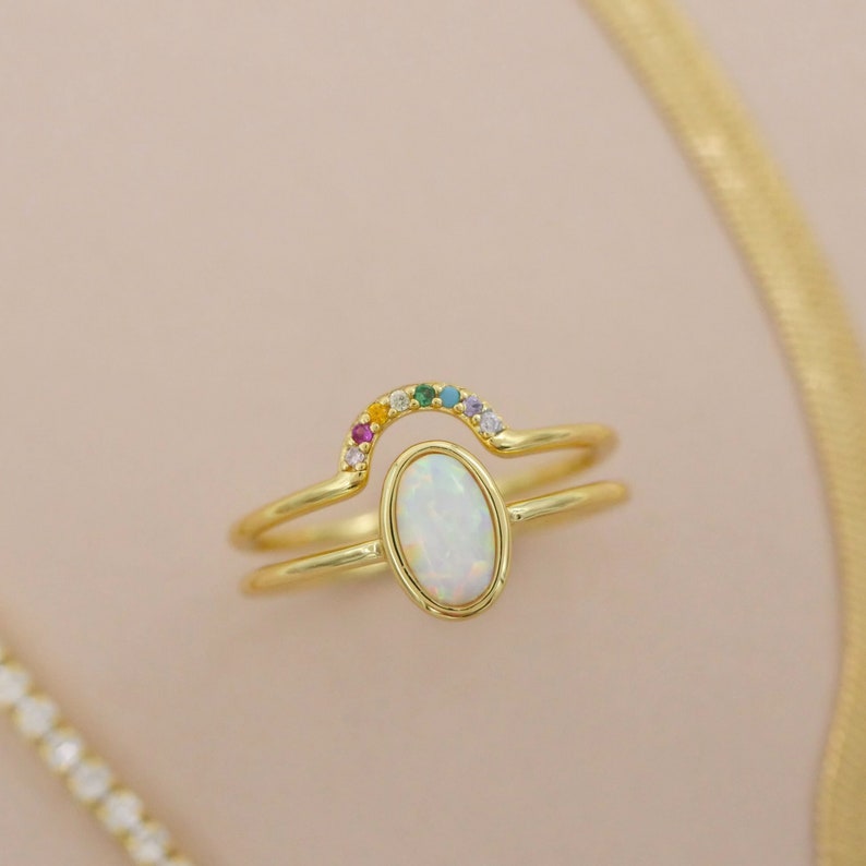 Opal and Rainbow Arch Ring Set, Gold or Silver Opal Solitaire Ring Set, Opal and Rainbow Crystal Ring Set image 4