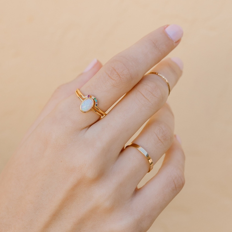 Opal and Rainbow Arch Ring Set, Gold or Silver Opal Solitaire Ring Set, Opal and Rainbow Crystal Ring Set image 7
