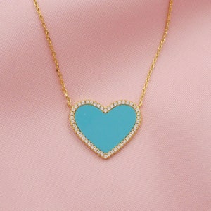 Turquoise Heart Necklace, Pave and Turquoise Heart Necklace, Turquoise Pendant Heart Necklace
