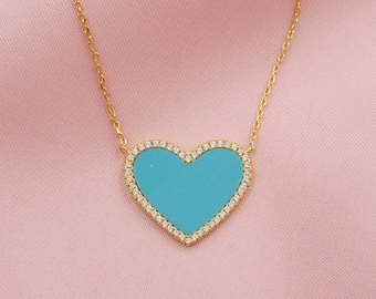 Turquoise Heart Necklace, Pave and Turquoise Heart Necklace, Turquoise Pendant Heart Necklace