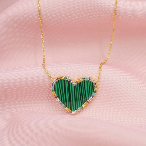14k Yellow Gold Diamond Malachite Heart necklace