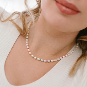 Rainbow Pearl Necklace, Colorful Pearl Beaded Necklace, Freshwater Pearl Necklace