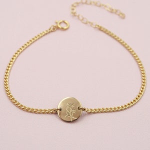 Personalized Birthflower Bracelet, 14kt Gold Filled, Adjustable, Birthflower Disc Bracelet image 4