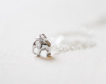 Può includere: Una collana d'argento con un ciondolo a forma di elefante. Il ciondolo è piccolo e dettagliato, con una superficie testurizzata. La catena è delicata e d'argento.