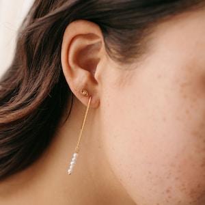Pearl Threader Earrings, Pearl Drop Earrings, Freshwater Pearl Earrings, June Birthstone Earrings, Bridal Earrings image 1