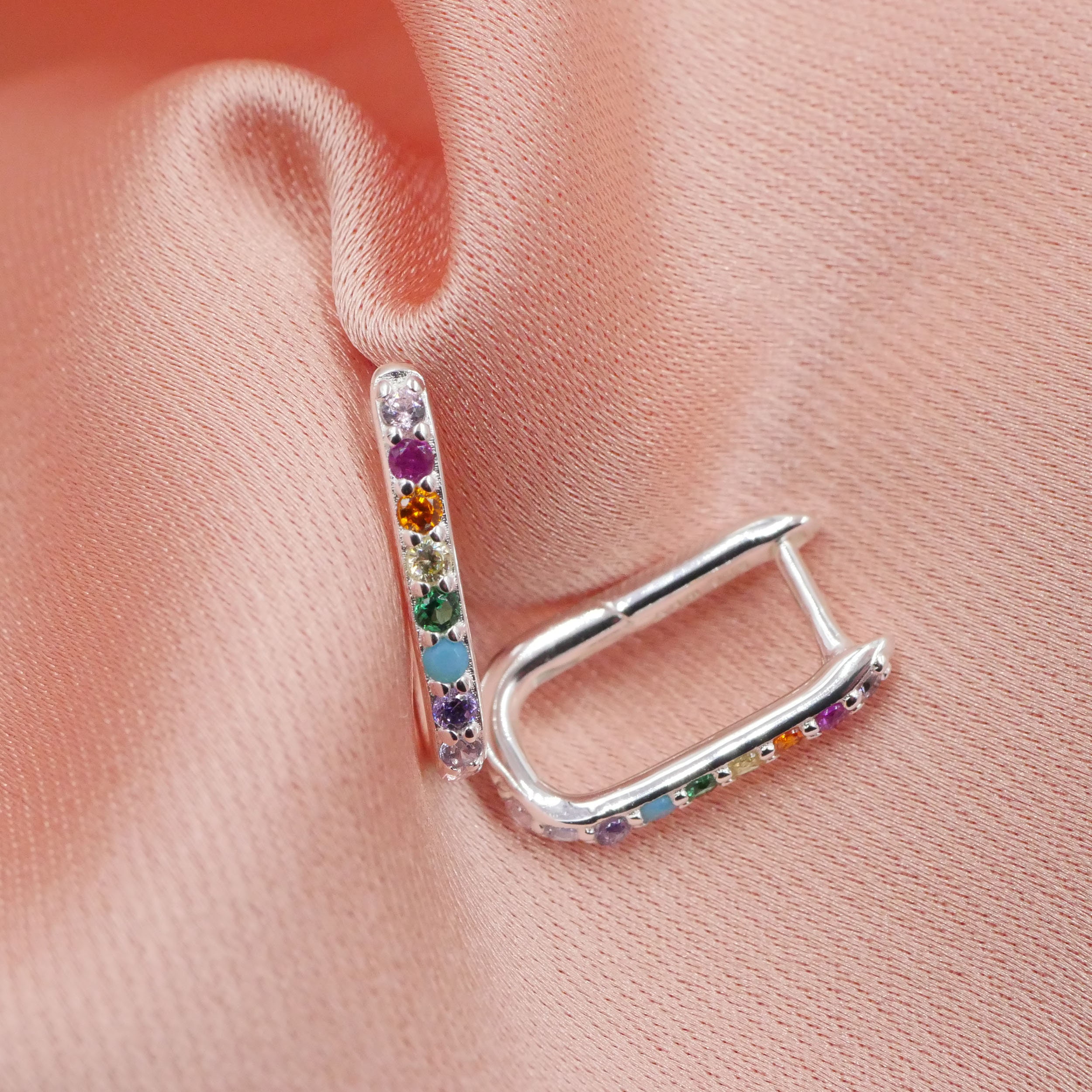Silver Elongated Huggie Hoops With Rainbow Pave Rectangle