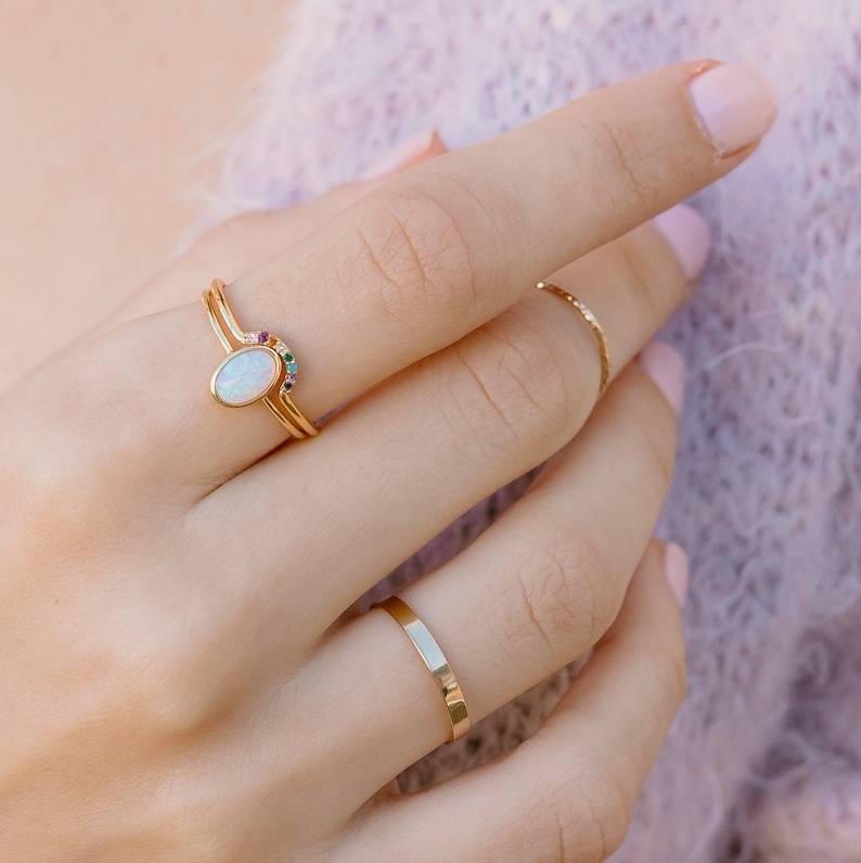 Opal and Rainbow Arch Ring Set, Gold or Silver Opal Solitaire Ring Set, Opal and Rainbow Crystal Ring Set image 1