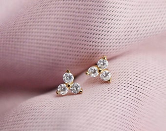 Three Stone Stud Earrings, Tiny Gold and Pave Studs, Dainty Stud Earrings