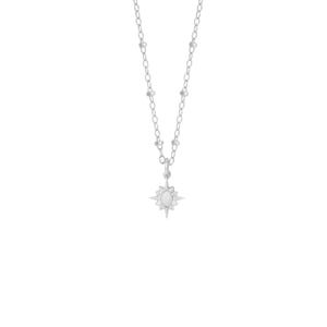 May include: A silver necklace with a delicate chain and a small star pendant with a white opal stone in the center.