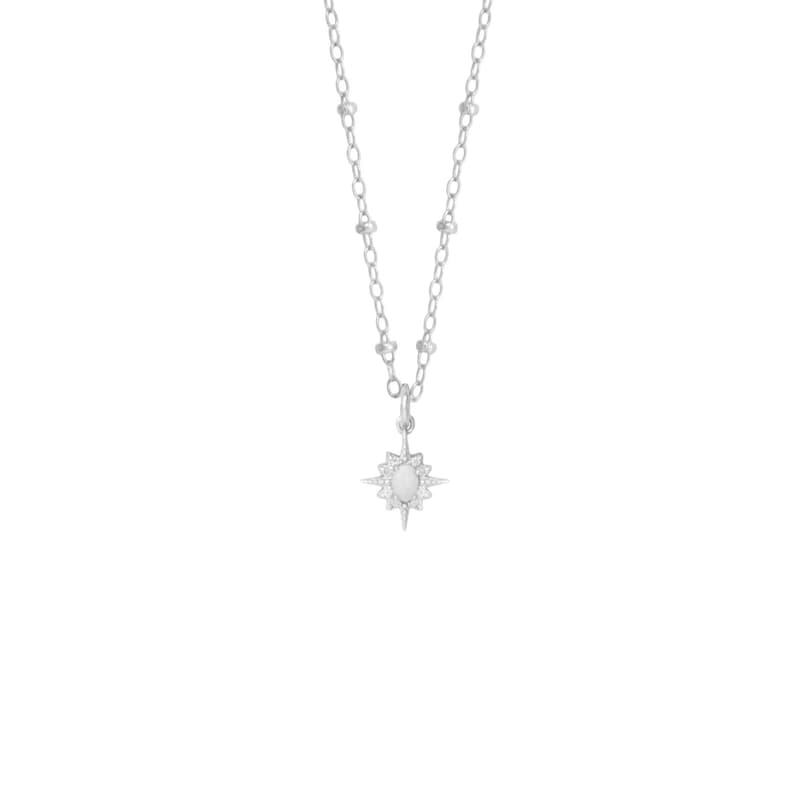 May include: A silver necklace with a delicate chain and a small star pendant with a white opal stone in the center.