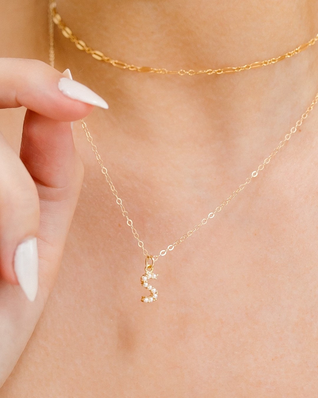 Pearl Initial Necklace Tiny Gold Initial Necklace Gold Personalized