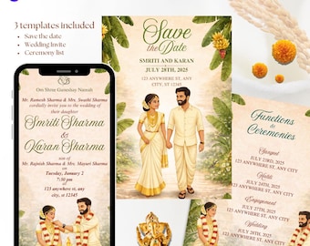 バナナリーフグリーンのケーララ南インド結婚式招待状セット | 日付の保存 + 結婚式招待状 + 式典リスト