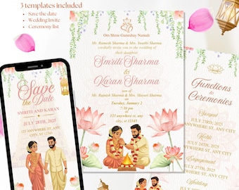 ロータス 南インドの結婚式招待状セット | 日付の保存 + 結婚式招待状 + 式典リスト