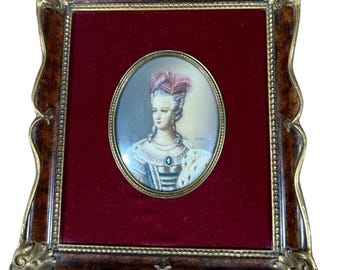 Vintage Hand Painted Signed Marie Antoinette Mini French Portrait From the 1920's Gilded Frame.