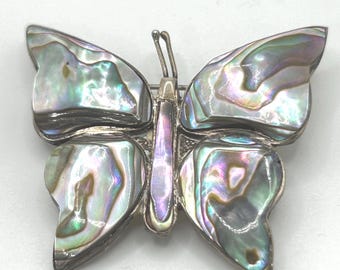 Vintage Butterfly Brooch Sterling Silver Abalone Mother of Pearl with Antennae