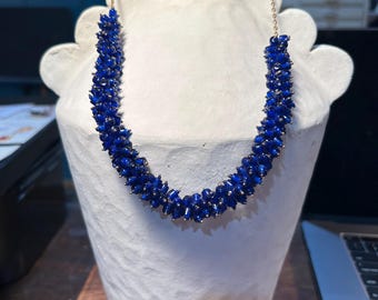 Vintage Blue Glass Cluster Beaded Handmade Necklace 1960's Brass Chain With Beaded Top Head Pins