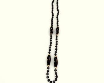 Vintage Handmade Venetian Glass Black Bead Necklace 28" Made in Italy 8mm and 38mm x 13mm accent jet black shiny beads.