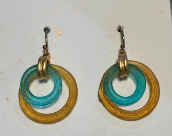 Vintage Circle in a Circle Earrings for Pierced Ears Kidney Ear Wire Gold Plated Blue and Yellow Circles