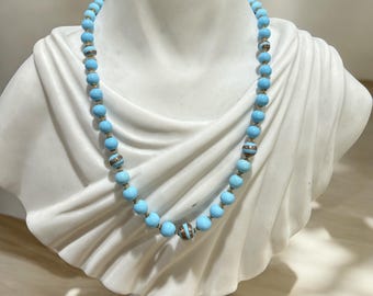 Vintage Venetian Beaded Handmade Necklace With Blue Glass Beads and Some with Gold Flecks and Gold Plated End Caps 24 Inches Made in Italy