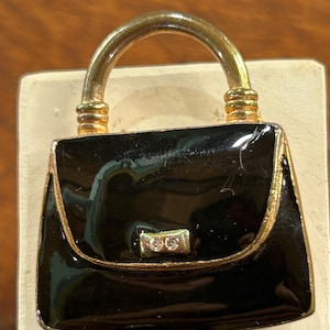 Vintage Purse Brooch With Black Enamel and Gold Tone Handle, Closure and Trim