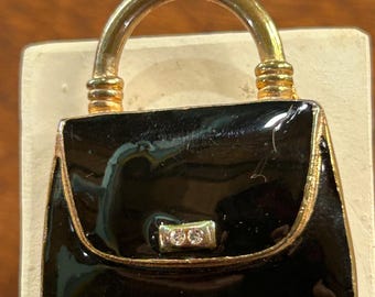 Vintage Purse Brooch With Black Enamel and Gold Tone Handle, Closure and Trim