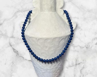 Vintage Lucoral Faux Lapis Beaded Necklace 9mm beads 22 1/2" long Gold Plated Stamped Clasp