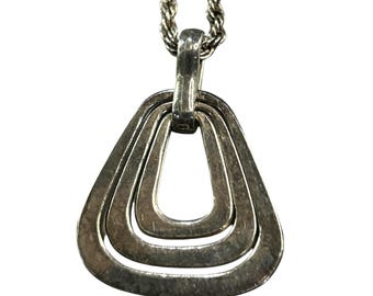 Vintage Sterling Silver Solid Triple Rounded Triangle Pendant on Thick SS Rope Chain 32" Long