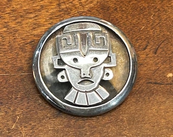 Vintage Brooch Charm Pendant Aztec Face Sterling Silver Signed Coop App Taxco Mexico