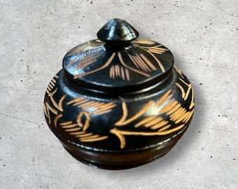 Vintage Wood Hand Carved Trinket Box  With Lid Made in India Carved Leaf Design