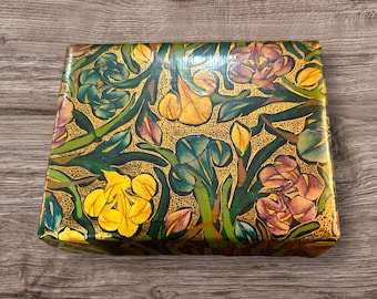 Vintage Hand Painted Lacquer Trinket Box With Yellow Flowers and  Decoupaged Girl From Antique Postcard on Lid
