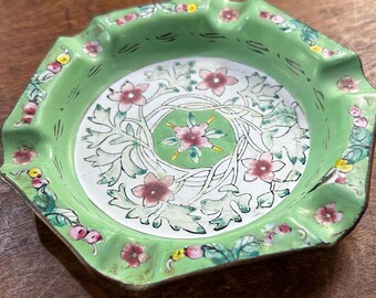 Vintage Cloisonne Ashtray With Floral Leaf Design With Six Notches for Cigarettes or Cigars