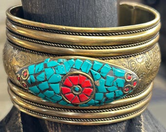 Vintage Brass Bracelet Cuff Turquoise Blue and Red Stones Design