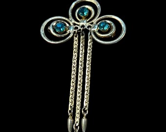 Vintage Brooch 1950's Turquoise Blue Rhinestones with Chain Accents Gold Plated