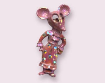 Vintage Mouse Pink Enamel Brooch With Rhinestones on Skirt