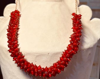 Vintage Red Glass Cluster Beaded Handmade Necklace 1960's Brass Chain With Beaded Top Head Pins