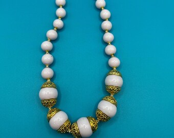 Vintage Venetian Blush Bead Necklace With Ornate Gold Tone End Caps 16"