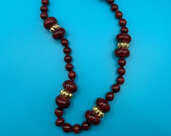 Vintage Venetian Black and Red Speckled Bead Necklace With Ornate Gold Tone Spacer Beads 18" & 10 mm beads - 24" Long
