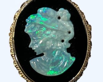 Vintage Hand Carved Black Opal Cameo Brooch/Pendant Mounted on Black Onyx and 14K Gold Frame and Bezel - New