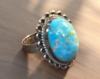 Vintage Mexican Sterling Silver Turquoise Ring Oval Domed Cabochon Size 7