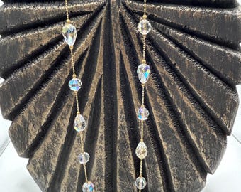 Vintage Aurora Boreale Crystal 32" Necklace on Gold Filled Chain With Spring Ring Clasp 9mm & 8mm oval and Teardrop Beads Strung on Chain