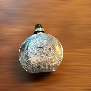 Vintage Silver Mini Perfume Bottle Handmade Sterling Engraved with Dauber Top Adorned with Original Green Glass Stone
