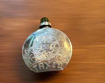 Vintage Silver Mini Perfume Bottle Handmade Sterling Engraved with Dauber Top Adorned with Original Green Glass Stone