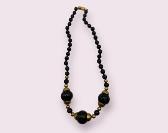 Vintage Venetian Beaded Handmade Necklace With Black Glass Beads and Brown Flecks and Gold Filled End Caps 16 Inches Long