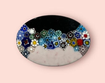 Vintage Millefiore Venetian Glass Brooch Floral Pink Black Blue Colorful Flowers