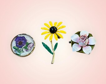 Vintage Flower Brooches Bundle Enamel, Hand Painted,  Gold Tone Frame - 3 Total