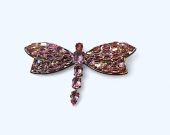Vintage Dragonfly Brooch Pink Rhinestones Gold Plated Trombone Catch