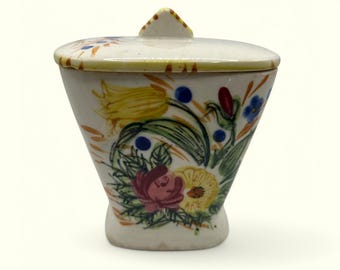 Vintage Lidded Ceramic Condiment Spice Jar Floral Leaf Motif Yellow Orange Trim Accents