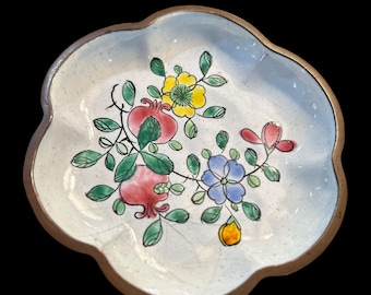 Vintage Cloisonne Trinket Dish Tray Enamel and Copper 3 1/2" Flowers and Leaves Ring Dish