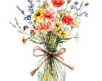 12 Wildflowers in Jars Clipart Watercolor Flowers Clipart Botanical Floral High Quality PNGs Digital Download Commercial Use Junk Journal