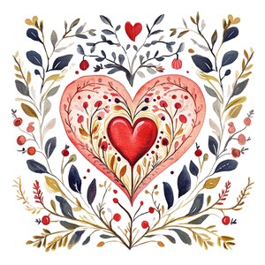 13 Clipart coeur Saint-Valentin art folklorique aquarelle Clip Art Saint-Valentin scandinave coeurs PNG en téléchargement numérique pour usage commercial